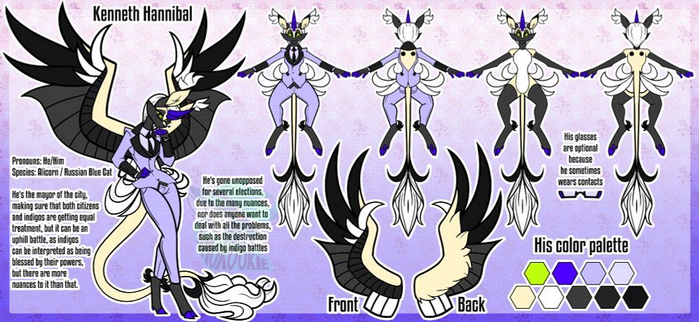 image is a digitally illustrated character sheet of an anthropomorphic alicorn-cat hybrid. he wears a lilac suit and rectangular glasses. the text reads: "He's the manager of the city, making sure that both citizens and indigos are getting equal treatment, but it can be an uphill battle, as indigos can be interpreted as being blessed by their powers, but there are more nuances to it than that. He's gone unopposed for several elections, due to the many nuances, nor does anyone want to deal with all the problems, such as the destruction caused by the indigos." #furry #anthro #furryart