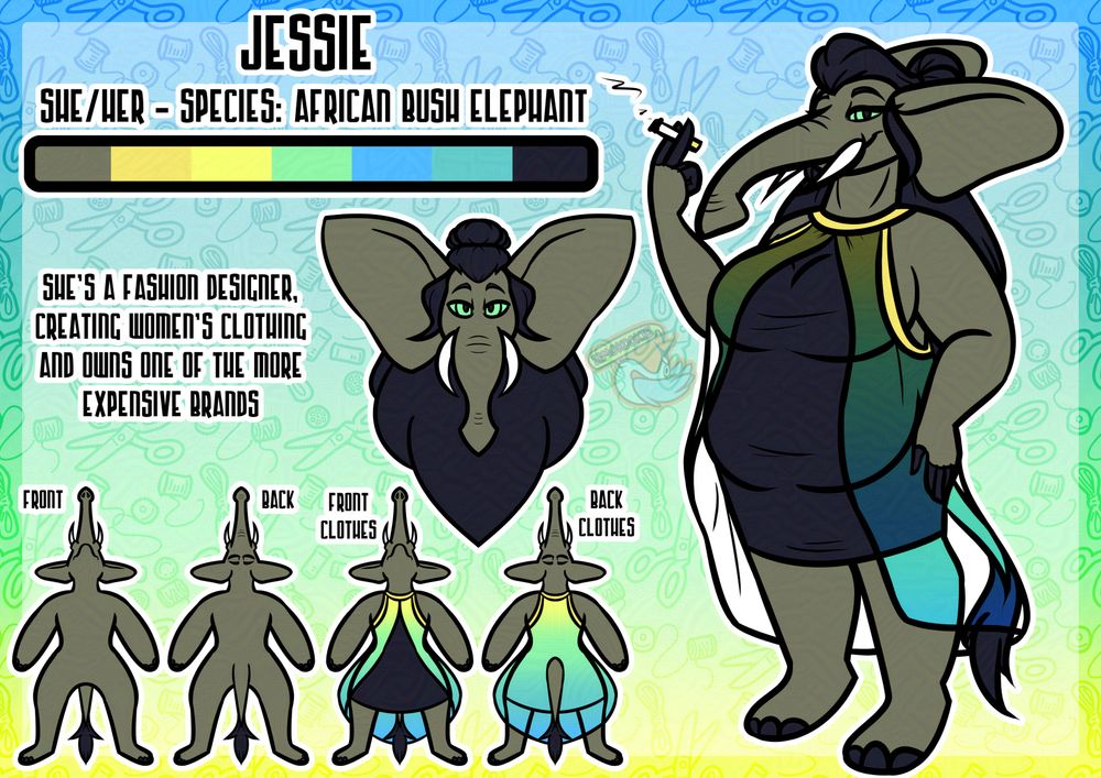 Image is a digitally illustrated character sheet for an anthropomorphic African bush elephant character. She is wearing a simple dark dress with an emerald sheer drape. The text reads: She's a fashion designer, creating women's clothing and owns one of the more expensive brands. #furry #furryart #anthro