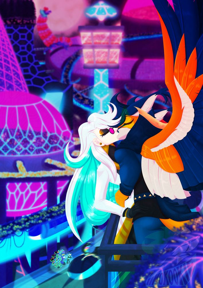 image is a digital illustration of two characters sharing a kiss on a balcony overlooking a vast, futuristic neon city. #furry #anthro #furryart