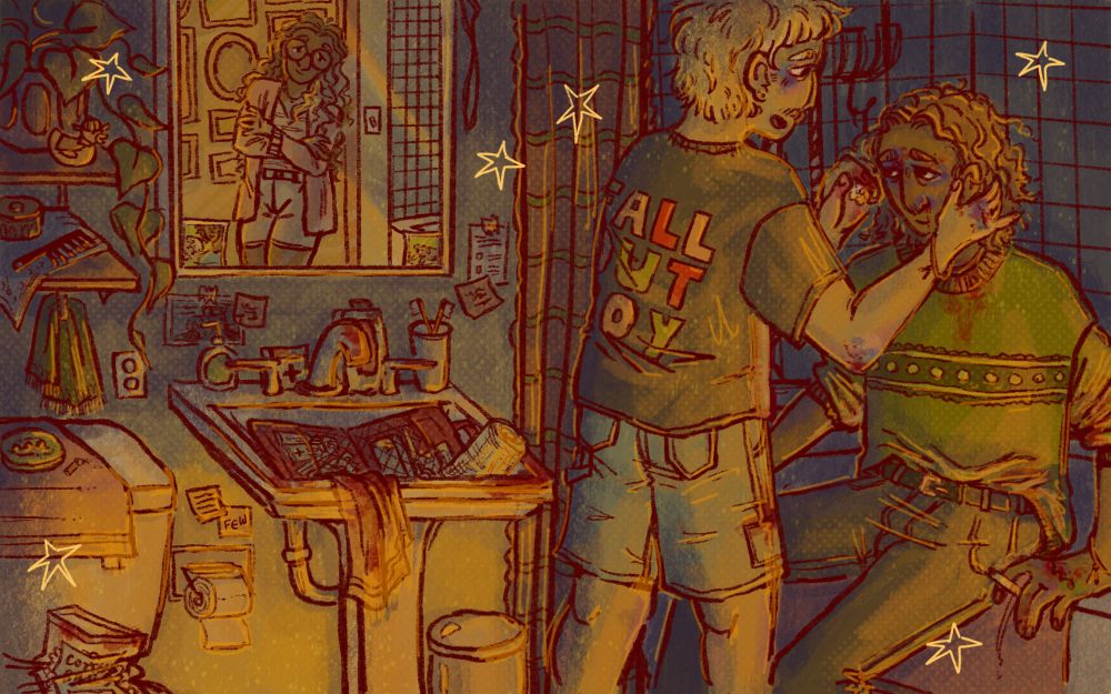 Sherlock and Co. fanart if the main three cleaning up after a case related fight. Sherlock sits on the edge of the tub in 221b covered in bruises and smoking a cigarette, John is in front of him standing and cleaning Sherlock’s face with a cotton ball. He’s also covered in bruises. The bathroom is cluttered with both bathroom related things and first aid items. In the bathroom mirror you can see Mariana leaning against the dirt frame with light pouring in behind her. Everyone looks tired and happy. 