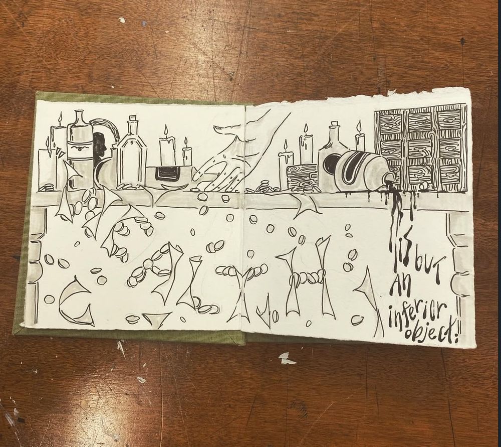 “Wealth is but an inferior object;” Victors hand brushing coins and notes off the table, including a bottle of ink now spilling off the side. 