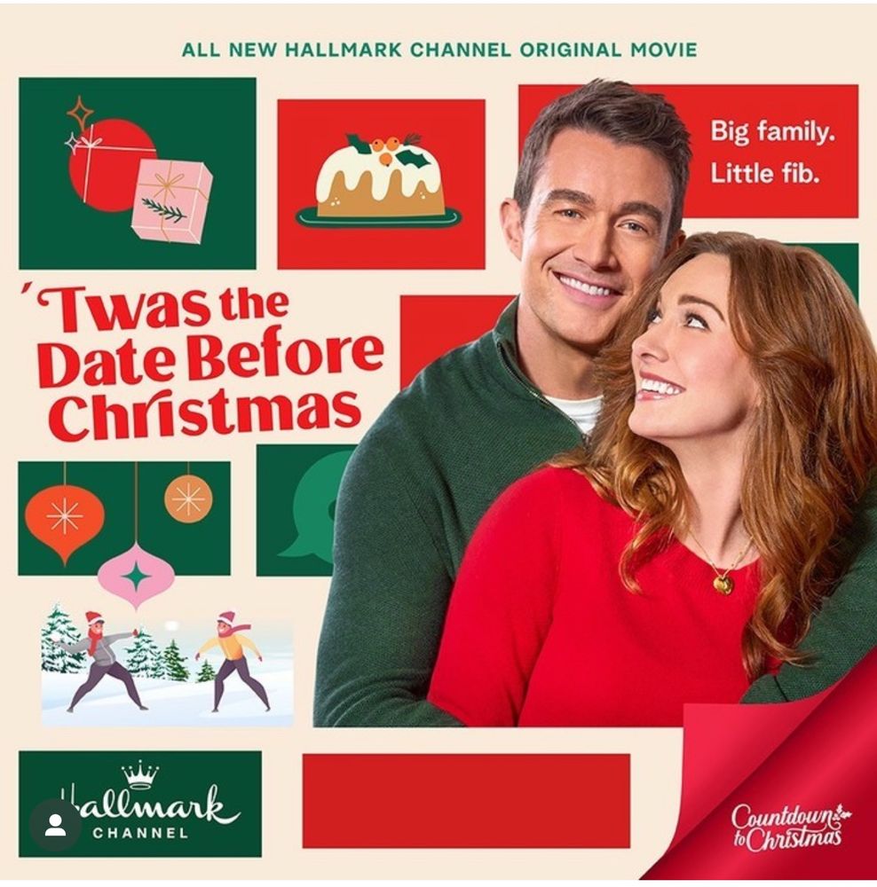 A couple smile and hug on the poster for Twas the Date Before Christmas 