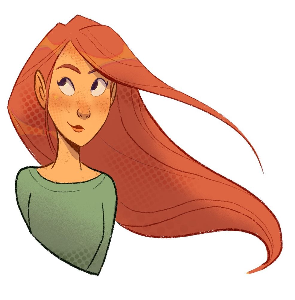 Digital illustration: Girl in green shirt with red flowing hair. She looks up and to the left, smiling