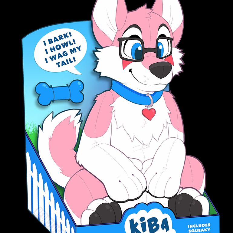 Artwork depicting a pink cartoony husky plushie in a box, as if displayed for sale. The box is blue and has a picket fence design on the outside and a grass + sky design on the inside. The text reads "Kiba the playful pup" and "Includes squeaky toy bone accessory!" and "I bark! I howl! I wag my tail!" #furryart