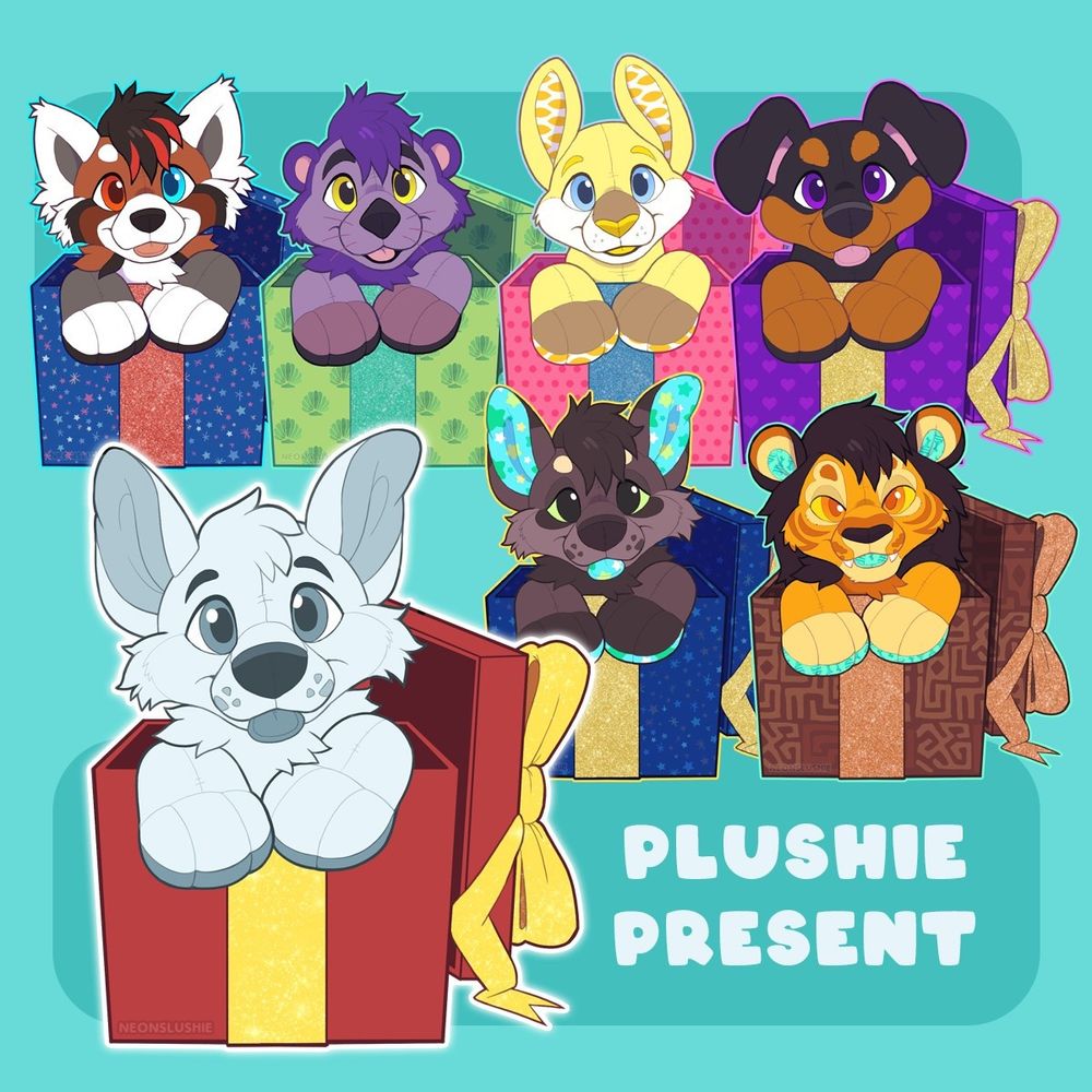 A collage image advertisement of plush furry characters in gift boxes. The characters are mostly hidden inside the box, with their heads and front paws poking out over the top. Next to the box is a lid with a decorative bow on top. Text on the image reads 'Plushie Present'. #furryart #fursale 🎨