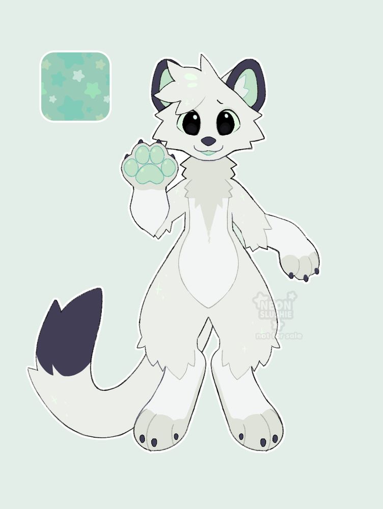 A character drawing of an anthropomorphic, cartoon white stoat. The stoat is a pale off-white color, with a ruff of light grey fur around the neck and chest, and the same grey on the fingers and toes. They have a long white tail with a black tip, black claws, and black rims on the ears. The inside of the ears, paw pads, and tongue are a pale mint color. They have fluffy white hair on their head and a gentle, friendly expression. #furryart