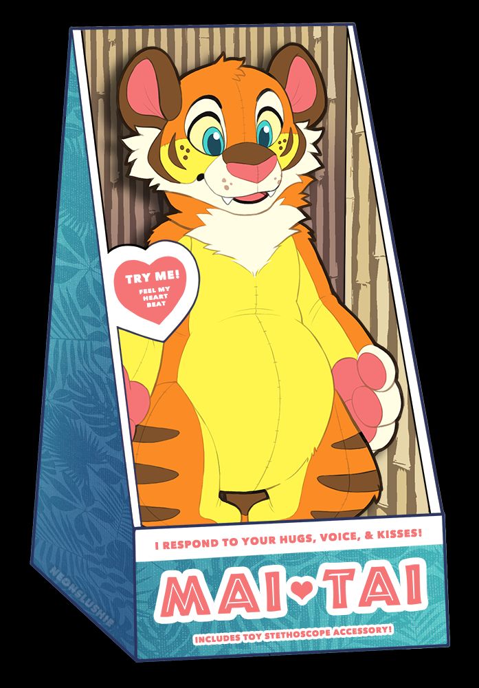 Artwork depicting a cartoony plush tiger in a box, as if displayed for sale. The box has a tropical floral pattern on the outside and a brown bamboo pattern on the inside. The box reads "Mai Tai", "I respond to your hugs, voice, & kisses!", "Try me! Feel my heart beat", and "includes toy stethoscope accessory". #furryart