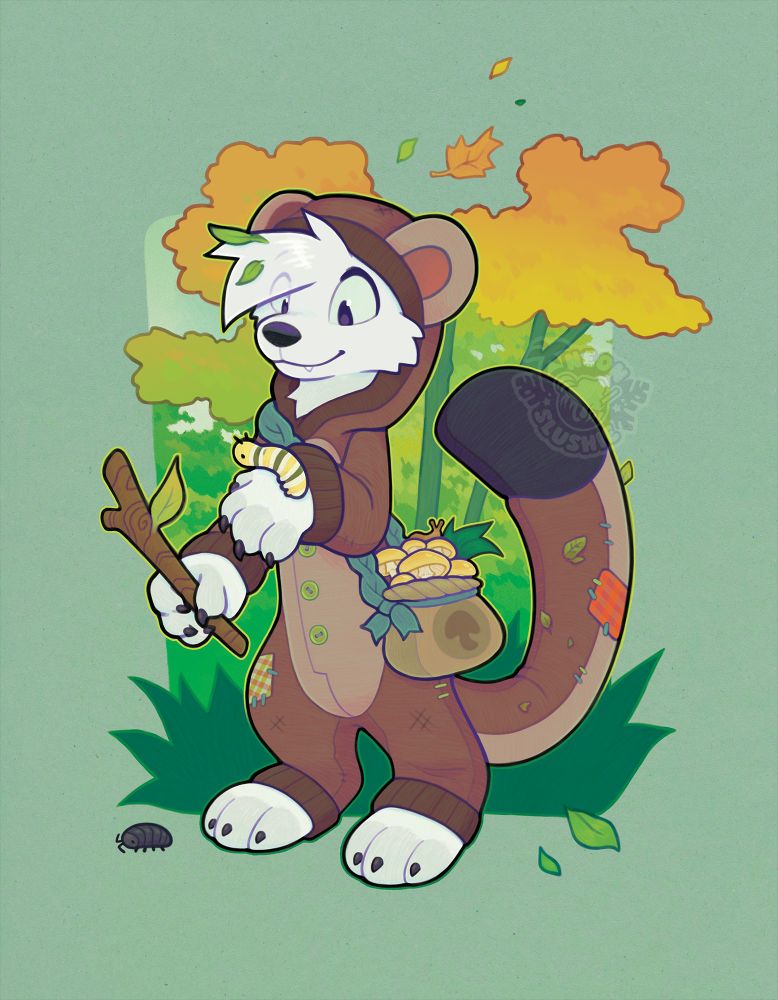 A digital illustration of a white anthropomorphic cartoon weasel wearing a brown weasel onesie. They have one hand lifted to examine a large monarch caterpillar, the other hand grasps a stick. They carry a basket full of honey mushrooms that is slung over their shoulder. A small dusky slug sits on top of the mushrooms, and a pillbug is scurrying past their paws. The background features a forest scene with mostly green leaves, but a few have begun to show bright orange autumn colors. 🎨 #FurryArt