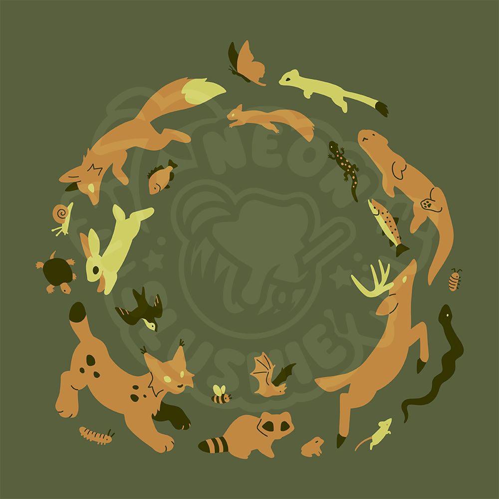 A digital mockup of a T-shirt design featuring a circle of different Michigan animals all fitting together like puzzle pieces. Animals included are a red fox, land snail, red eared slider (turtle), eastern cottontail (rabbit), tree swallow (bird), Canada lynx, caterpillar, bumblebee, raccoon, little brown bat, American toad, white-tailed deer, house mouse, black rat snake, isopod, North American river otter, rainbow trout, blue-spotted salamander, stoat, red squirrel, and eastern tiger swallowtail. 🎨 #FurryArt #FurSale #Nature