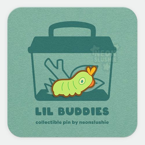 A digital image of an enamel pin on a paper backer card. The pin is a tiny green caterpillar and the backer card features an outline of a critter keeper with sticks and leaves in it that the pin is seated inside. Text on the backer card reads 'Lil Buddies - collectible pin by neonslushie' 🎨 #FurryArt #FurSale