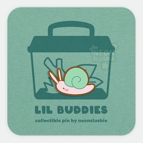 A digital image of an enamel pin on a paper backer card. The pin is a tiny green-shelled snail and the backer card features an outline of a critter keeper with sticks and leaves in it that the pin is seated inside. Text on the backer card reads 'Lil Buddies - collectible pin by neonslushie' 🎨 #FurryArt #FurSale