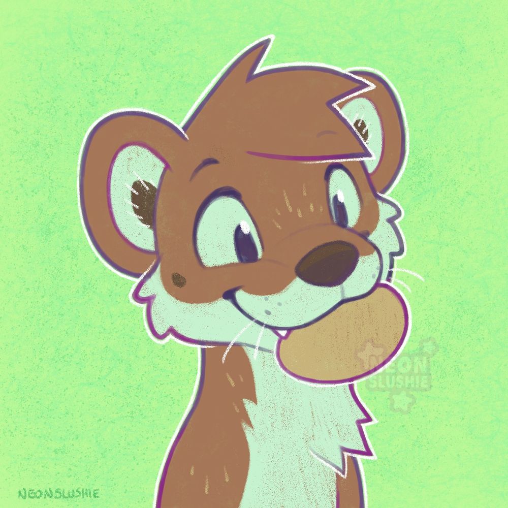 Artwork depicting a bust of a cartoon stoat or weasel. The stoat is brown with a white underbelly, neck, muzzle, and cheeks. It has round cartoon eyes and a smiling expression. A small tooth pokes out of its muzzle which is closed around a large brown egg. The image has a bright green background with a paper and colored pencil texture. 🎨#furryart