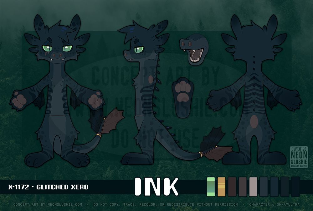 A digital character reference sheet for Ink the Xero. The character is a dark, dull navy color with stripes on its darker limbs and torso, and spots on its shoulders, hips, tail and head antennae. Fish-like fins are on the elbows and the tip of the dragon-like tail. 🎨 #FurryArt #ProjectXero