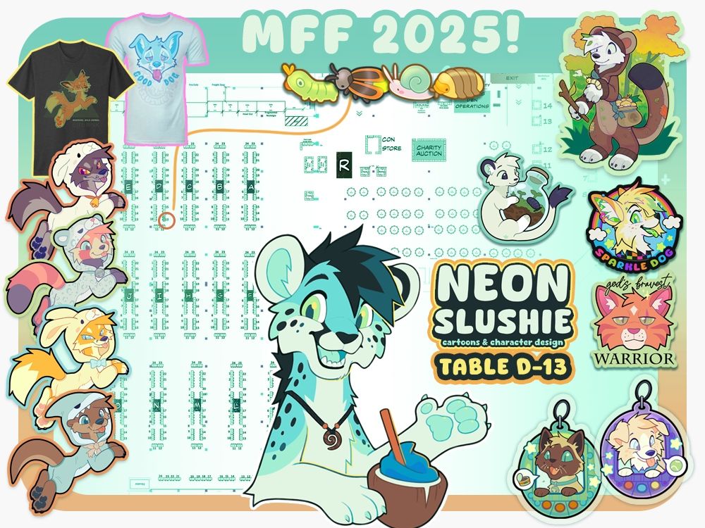 A digital advertisement for my dealer’s den table at Midwest Furfest 2025!

The advertisement features my character / mascot, Kalahari the king cheetah in front of a map of the den with my location circled. A selection of some of my furry merchandise is framing the map, such as a Good Dog & Bite Risk t-shirt, a selection of animals wearing kigurumis, cat & dog tamagotchis, sparkledog and warrior cat stickers, and a weasel/Mustelid foraging for mushrooms. 🎨 #FurryArt #FurSale #MFF2025 #MFF