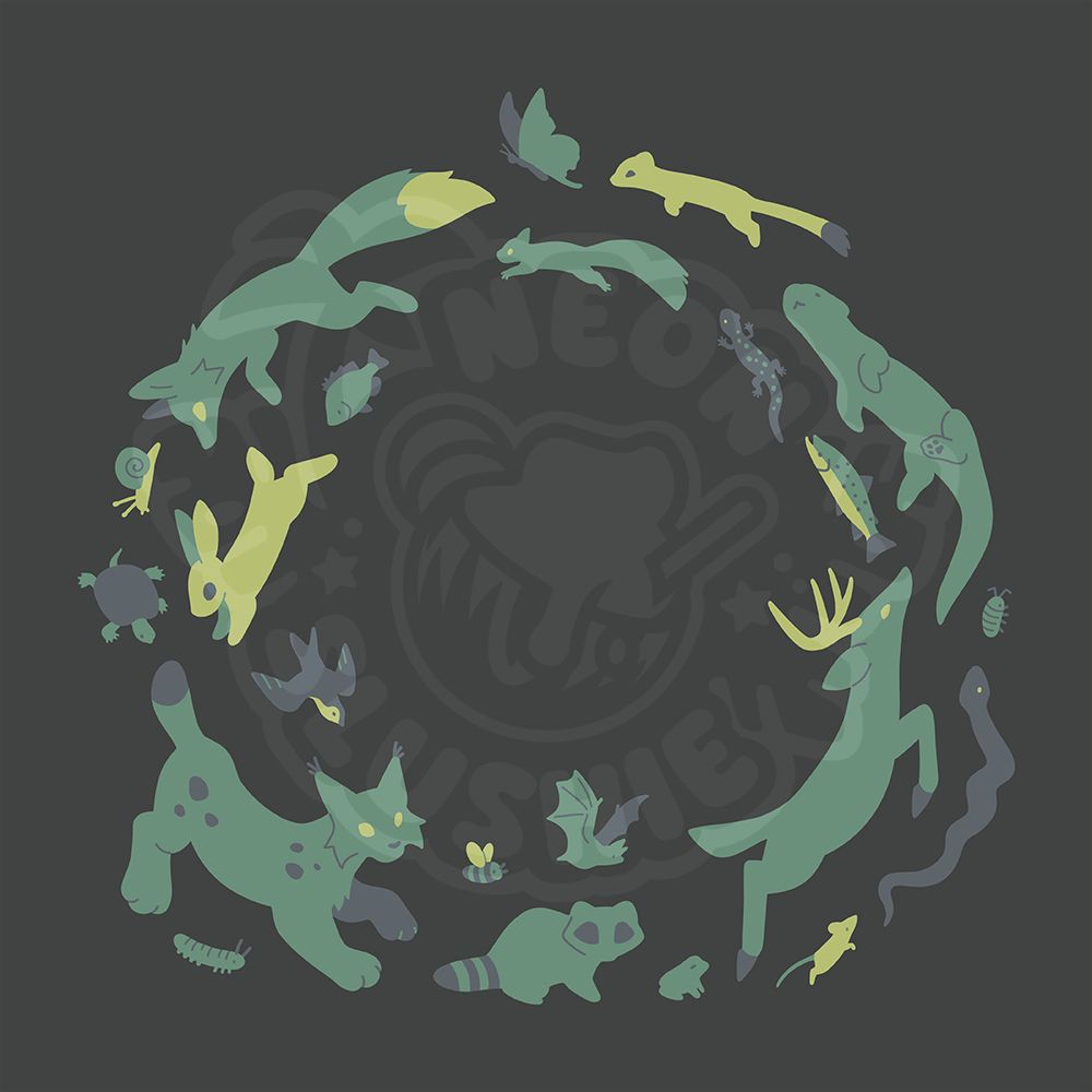 A digital mockup of a T-shirt design featuring a circle of different Michigan animals all fitting together like puzzle pieces. Animals included are a red fox, land snail, red eared slider (turtle), eastern cottontail (rabbit), tree swallow (bird), Canada lynx, caterpillar, bumblebee, raccoon, little brown bat, American toad, white-tailed deer, house mouse, black rat snake, isopod, North American river otter, rainbow trout, blue-spotted salamander, stoat, red squirrel, and eastern tiger swallowtail. 🎨 #FurryArt #FurSale #Nature