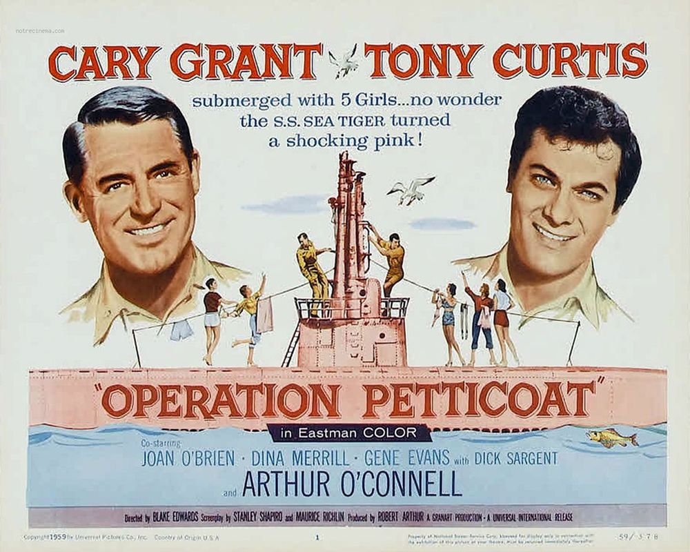 Poster art for "Operation Petticoat" featuring Cary Grant, Tony Curtis, and a pink WWII-era submarine.