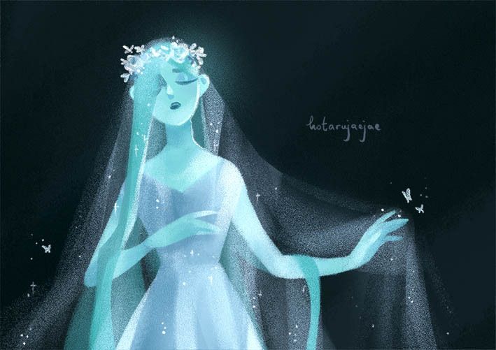 ghostly lady with a veil and flower crown in the dark