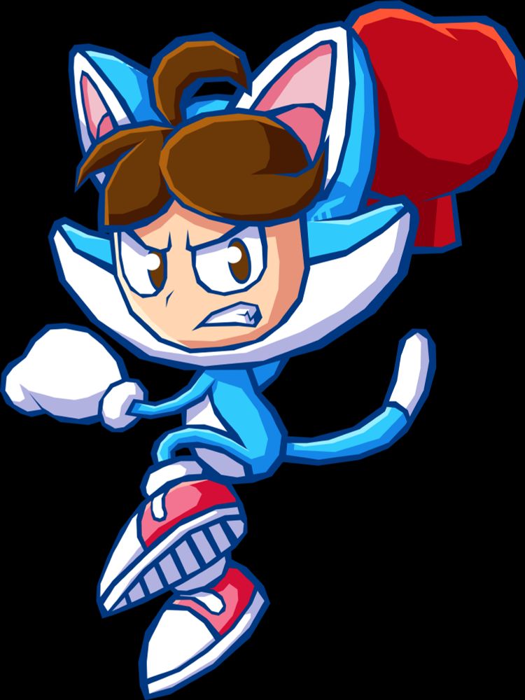 My main OC, Brandon the Neko, in the art style of the GBA game "Sonic Battle". This depicts him looking serious, jumping, and wearing a big boxing glove on his right hand, ready to deliver a big sucker punch!