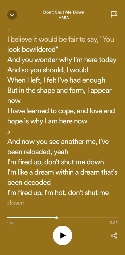 I believe it would be fair to say
You look bewildered
And you wonder why I'm here today
And so you should, I would
When I left, I felt I've had enough
But in the shape and form I appear now
I have learned to cope and love and hope
It's why i am here now

And now you see another me, I've been reloaded, yeah 
I'm fired up, don't shut me down
I'm like a dream within a drem that's been decoded
I'm fired up, I'm hot, don't shut me down