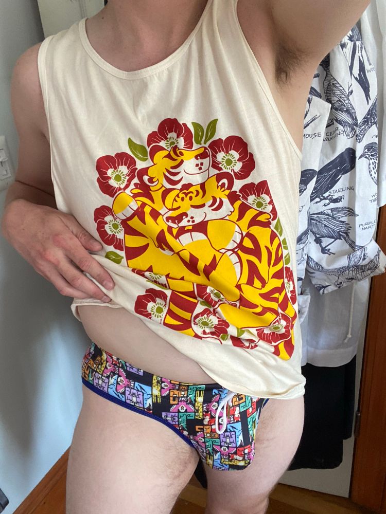 Poster capturing image. Poster wearing a beach fit with a tiger tank top and an animal patterned swim brief. Not seen is a pair of sunglasses and a hat