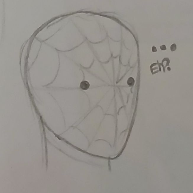 Pencil sketch of the mask of Lazuli Universes spidersona with a blank expression with the caption "... Eh?"
