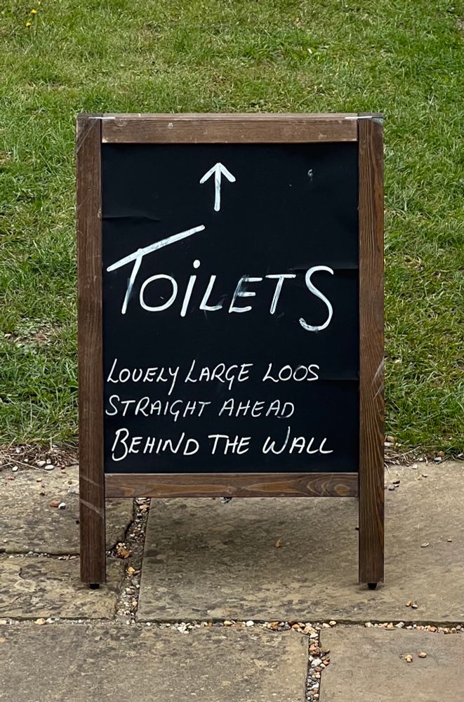 Toilets.
Lovely large loos straight ahead behind the wall.