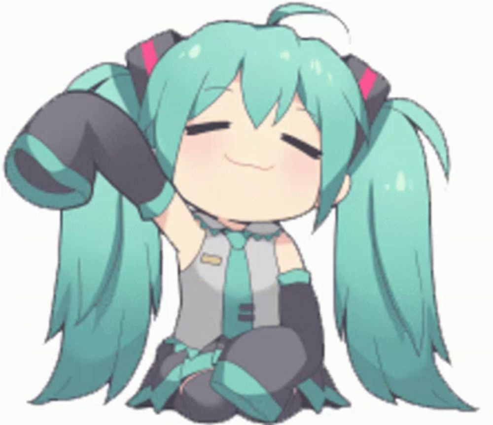 a sticker of hatsune miku with her eyes closed and her hair in pigtails