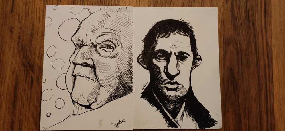 2 portrait side by side made in ink on A6 paper. The one I. The left is an old woman from the side and the other is a man from face with black eyes and heavy shadow