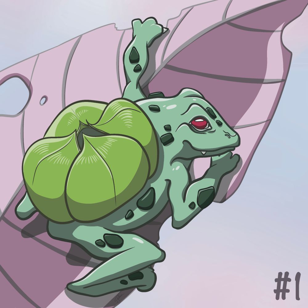 Digital illustration of Bulbizarre in a more "realistic style" while maintaining a cartoon render. It's sitting on a pink leaf while looking at the viewers directly from its side.