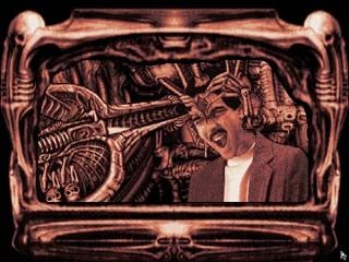Scene from the game Darkseed where a Giger-esque machine inserts a probe into a man's head