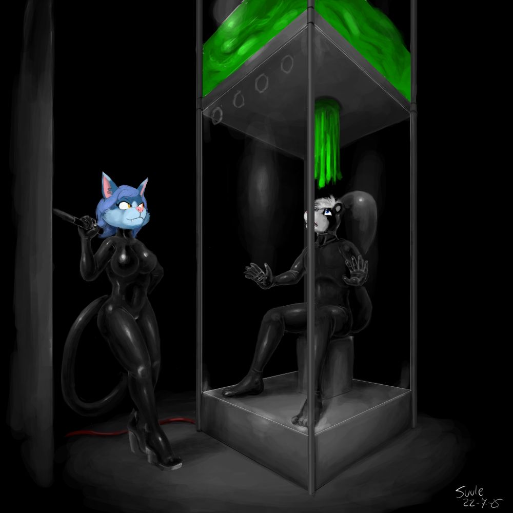 A male skunk in rubbersuit sits in glass enclosed space as a female cat also clad in rubber suit pulls a lever to dump copious amount of slime onto him.
