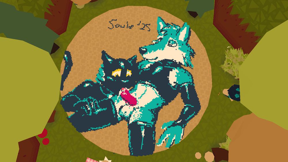 gimp suited cat sucking off a blue wolf dressed in latex stockings, gloves and a tank top.