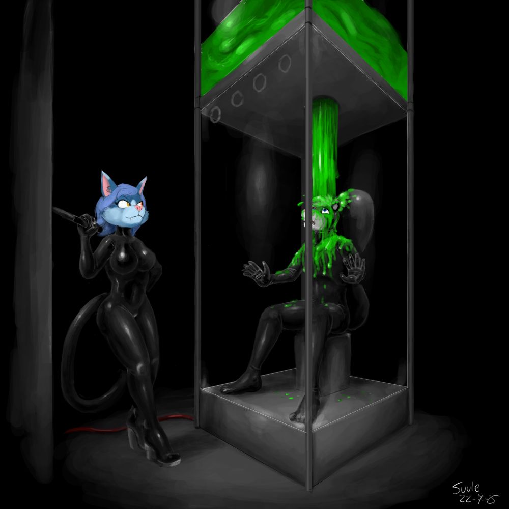 A male skunk in rubbersuit sits in glass enclosed space as a female cat also clad in rubber suit pulls a lever to dump copious amount of slime onto him.