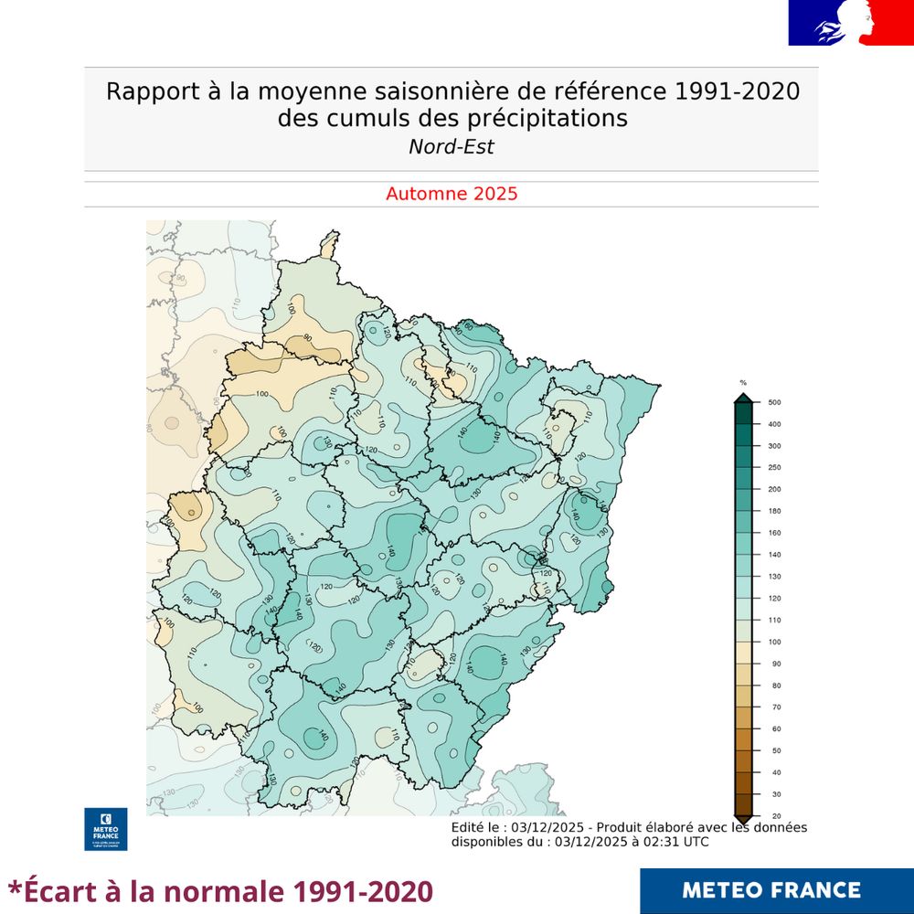Cartes des anomalies de précipitations sur le Nord-Est à l'automne 2025.