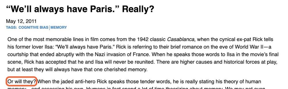 Screenshot of the introduction from a paper called “We’ll always have Paris. Really?”, with the sentenced “Or will they?” highlighted.