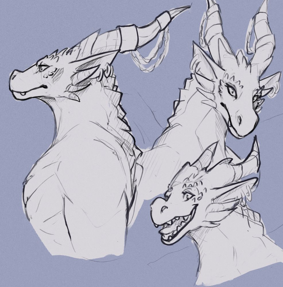 Some rough sketches of a woman dracthyr character. On the left is a side view with a neutral expression. On the upper right is a portrait with a more stern expression looking directly at the viewer, and the lower right is a happy and very excited looking portrait of the same dragon. 