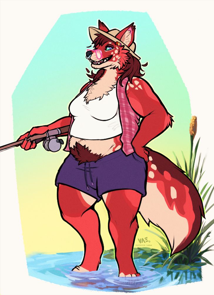 A woman dhole character with a hand on her hip, the other holding a fishing rod while she fishes. She's looking at the viewer with a smile and is wearing pink rimmed glasses, a white tank top that doesnt quite reach over her fat belly, a flannel jacket and a plain pair of purple-ish shorts. She's standing in calm shallow water with reeds and lily pads behind her. 
