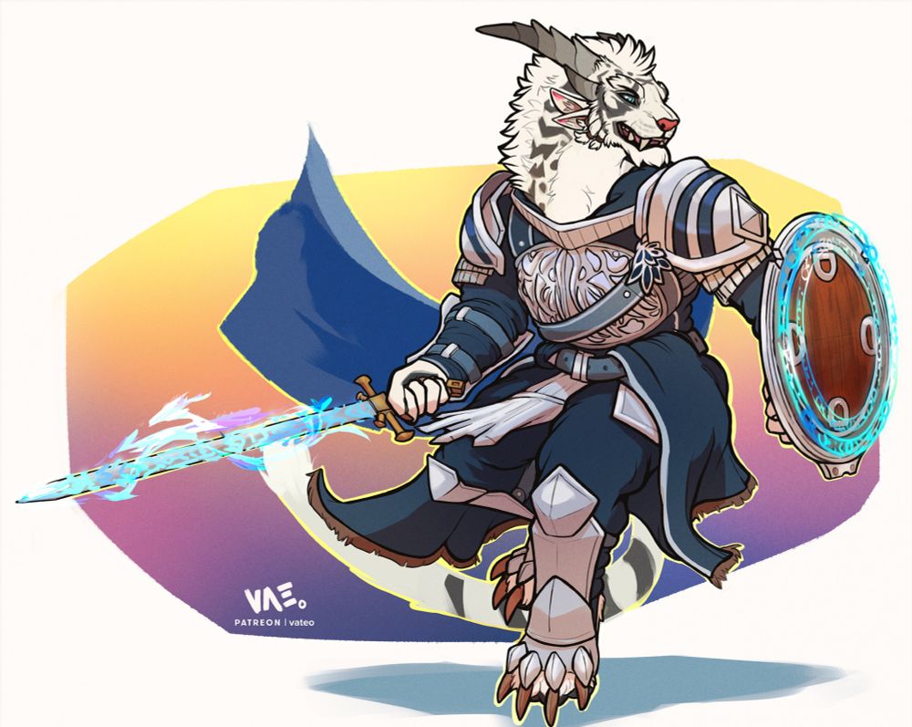 A male charr in full armour holding a sword and shield captured in action as if to be ready to fight. 