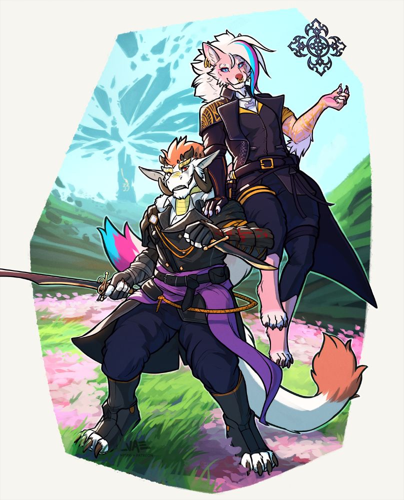 A drake man and a enby wolf character posing for the viewer, wearing the outfits of Verso and Lune respectively from Clair Obscur: Expedition 33. 