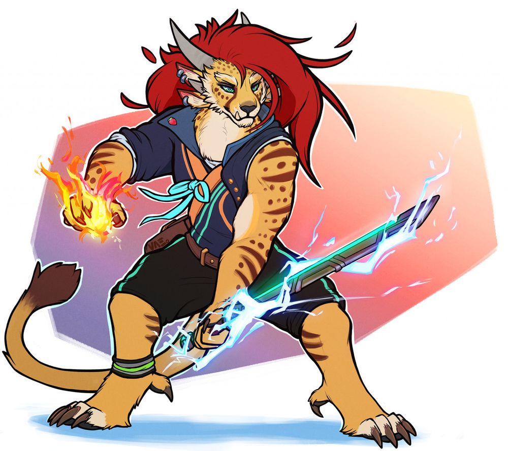 A charr-shaped character with a bright red flowing mane. They're holding a sword laced with lightning and in their other hand is a fire effect as if to be casting some sort of spell. 