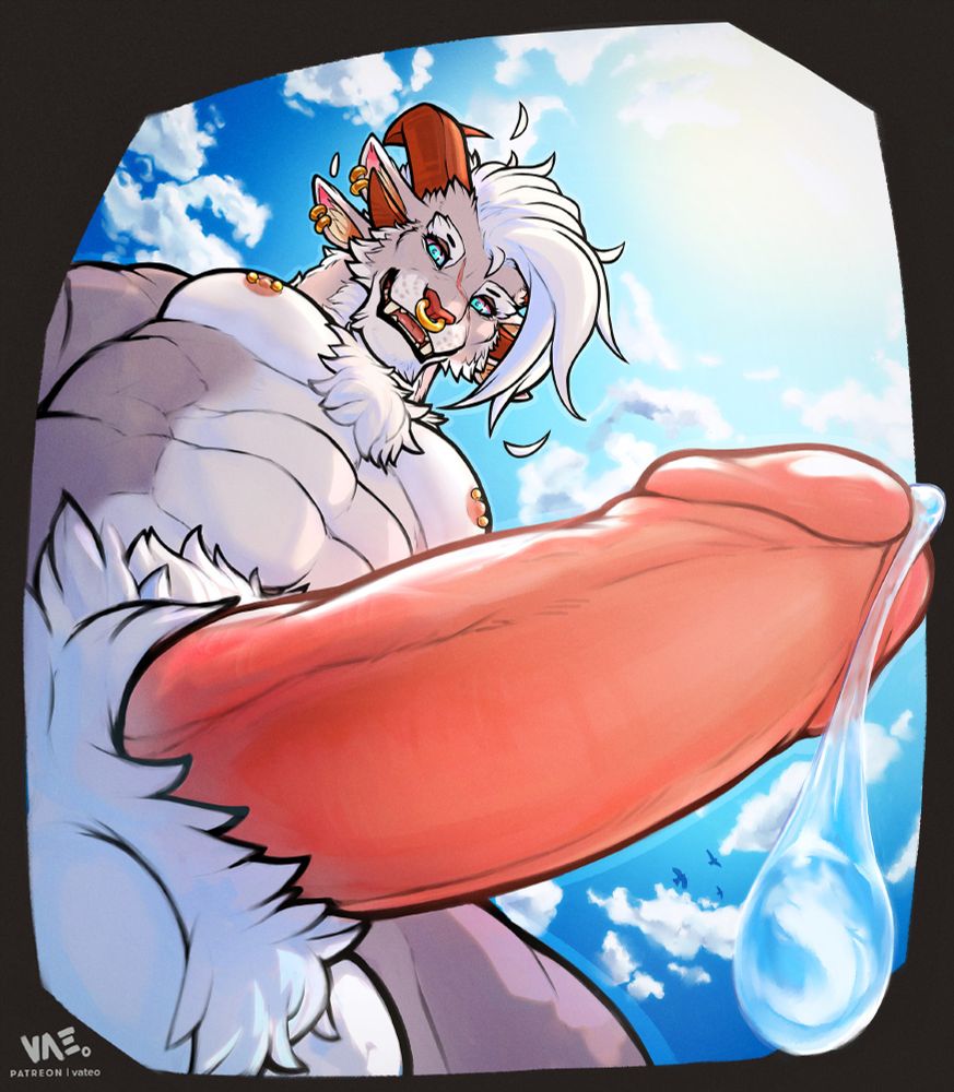 A worms eye view of a charr character looking down at the viewer. He's completely naked and sporting a dripped erect peen. 