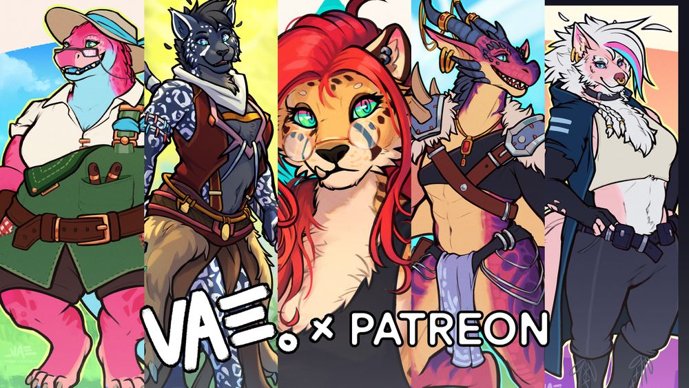 A promotion image for Patreon featuring a collage of artworks. There is also text that reads "VAE. x PATREON"