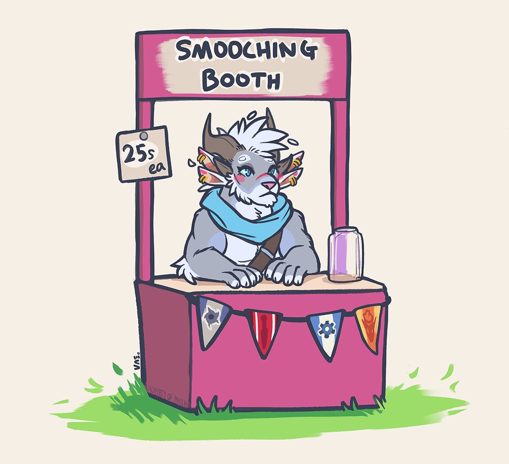 A cartoonish illustration of a male charr sitting at a bright pink booth that reads "SMOOCHING BOOTH" with an additional sign that reads "25s (silver) each". The booth is placed on grass and decorated with the Legion flags. 