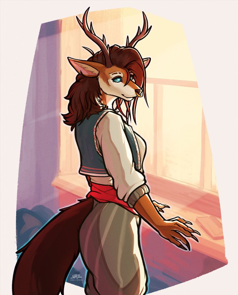 A beastfolk woman standing by a window bathed in the mornings light. 