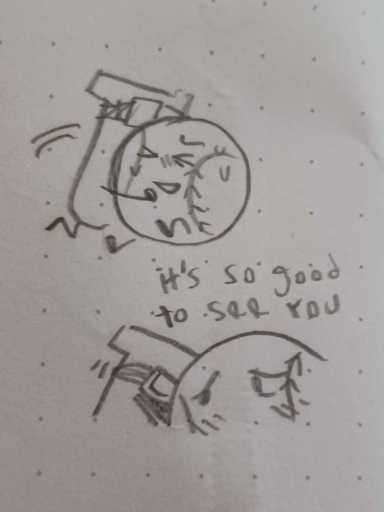 Test Tube leaps onto Baseball and quietly nuzzles him as her face is obscured. Text says, it's so good to see you.