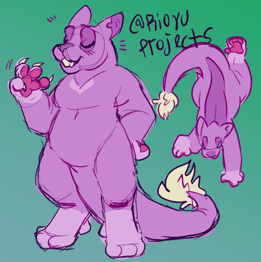 A purple dragon, that looks a little bit like a hairless cat, is depicted. It stands bipedal in one, looking smug, and is crawling on all fours, looking focused in another.