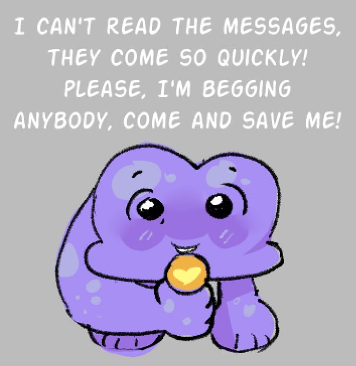 winner from bfdi smiles blankly at the screen, holding a yellow microphone to their chest, similar to teto in the music video of spoken for by flavor foley. text says, i can't read the messages, they come so quickly! please, i'm begging anybody come and save me!