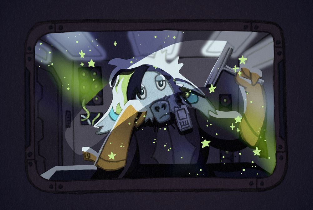 An artwork of an anthro mule with deep, blue fur and patterns reminiscent of a starry sky at night. He is resting his head on his hoofed hand, and listlessly stares off into space through the window he's currently cleaning. Behind him is the interior of a spaceship, and in the window's reflection, a galaxy full of stylized stars can be seen.