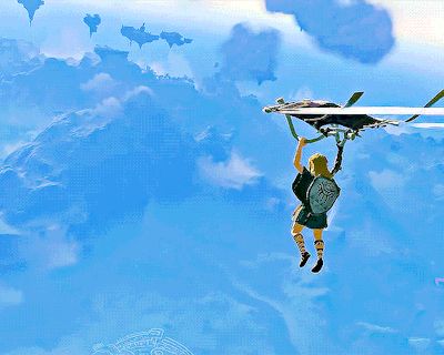 Animated gif of Link (from the game Zelda Tears of the Kingdom) paragliding in the (blue) sky above of Hyrule.