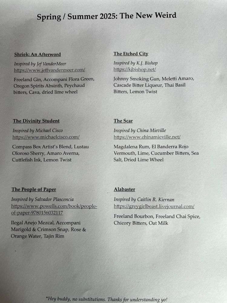 Presenting the Spring/Summer 2025 cocktail menu: The New Weird. Containing six deliciously weird libations inspired by some fantastic authors and their works.